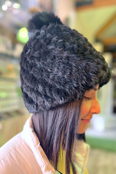 Black Mink Fox Pom Beanie